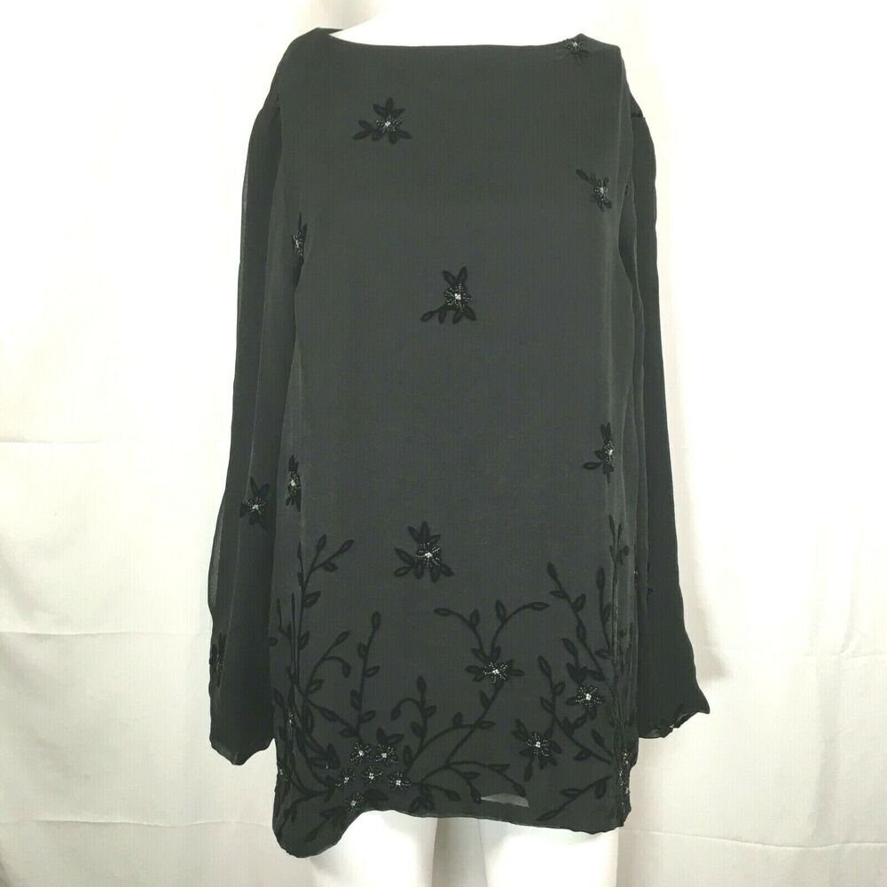 Saks Fifth Avenue Shirt Women M Black Silk Floral Beaded Long Sleeve Tunic